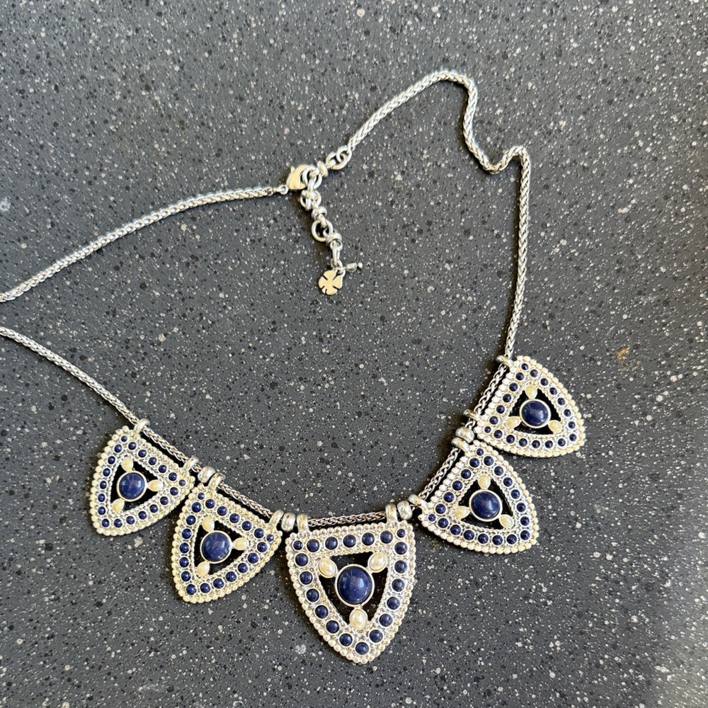 Lucky Brand Silver-Tone Navy and Pearl Triangle Necklace